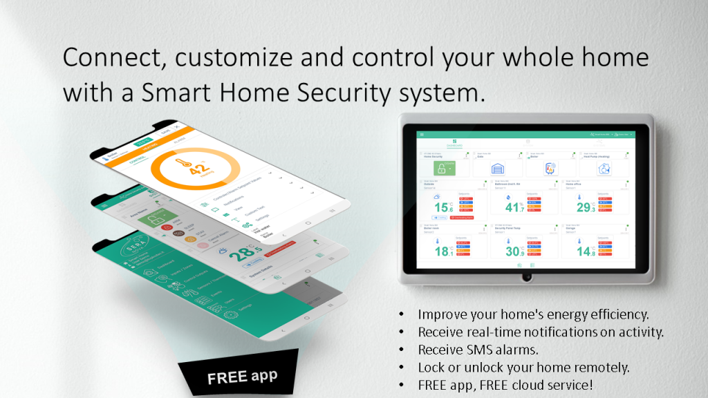 Connect, customize and control your whole home with a Smart Home Security system. 
Improve your home's energy efficiency.
Receive real-time notifications on activity.
Receive SMS alarms.
Lock or unlock your home remotely.
FREE app, FREE cloud service!